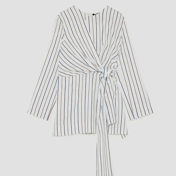Zara Cotton Poplin Striped Bow Long Sleeve Tunic Top - Picture 2 of 15